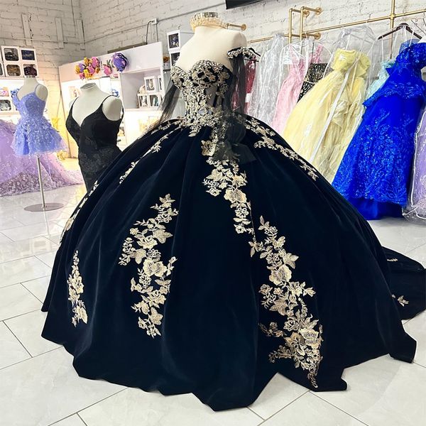 Bleu marine Sweet 16 Quinceanera Robe avec Cape 2024 Hors Épaule Appliques Dentelle Perles Cristal Princesse Robe De Soirée Robes De 15 Anos