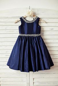 Navy Blue Taffeta Bloem Meisje Jurk voor Bruiloft Junior Bruidsmeisje Doop Doop Baby A-Lijn Knielengte Jurk met zilveren kralen