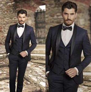 Navy Blue Tailcoat Mens Bruiloft Suits Tuxedos Black Notch Revers Center Vent Bruidegom Tuxedos Heren Diner Avond Suit (jas + Broek + Vest + Bowtie)