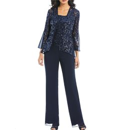 Navy Blue trois pièces Mother of the Bride Pant Suit Spaghetti Strap paillettes et Tenue d'invité de mariage en mousseline plus robe de fête de taille 217T