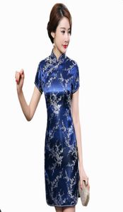 Marineblauwe Traditionele Chinese Jurk Dames039s Satijn Qipao Zomer Sexy Vintage Cheongsam Bloem Maat SML XL XXL 3XL WC100 D1892063409