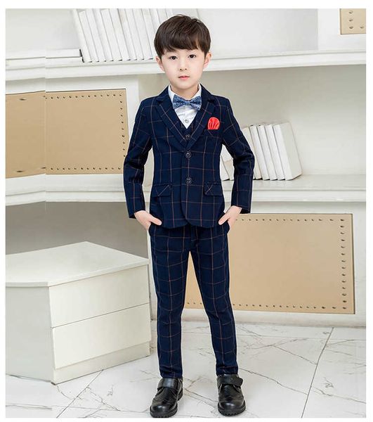 Azul marino Tweed Plaid Boys Trajes 3 piezas Conjunto Niños Prom Traje de boda Blazer Oversize Niños Formal Tuxedo Chaqueta Pantalones Chaleco X0909