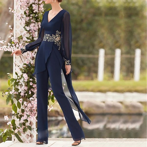 Bleu marine deux pièces robes de mère tenue col en V en mousseline de soie femmes costume pantalon dentelle appliques longueur cheville vêtements de cérémonie 326 326