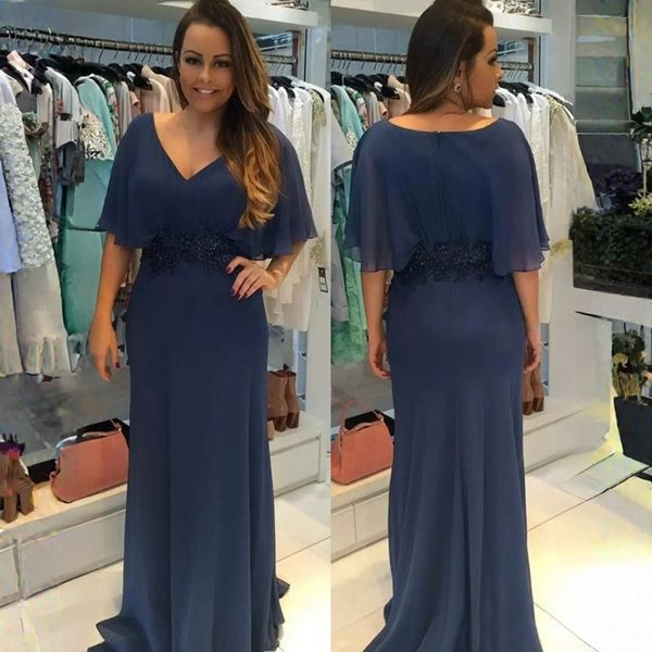 Azul marino con cuello en V Vestidos para la madre de la novia Vestidos de novio Mangas largas Gasa Vestidos de noche baratos hasta el suelo Estilos africanos de Nigeria Vestidos de invitados de boda de encaje