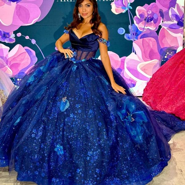 Bleu marine col en V paillettes hors de l'épaule robe de Quinceanera robe de bal balayage train dentelle fleur perles Tulle princesse fête robe de bal