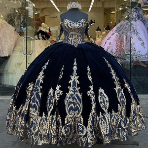 Robe princesse en velours bleu marine Quinceanera, robe de bal à paillettes avec des appliques en dentelle, Style mexicain, robe de bal de 15 ans, 2811