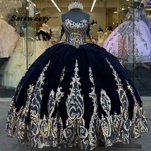 Marineblauw fluwelen prinses prinses quinceanera jurk baljurk pailletten kanten applique vestido mexicano style sweet 15 prom jurken 186f