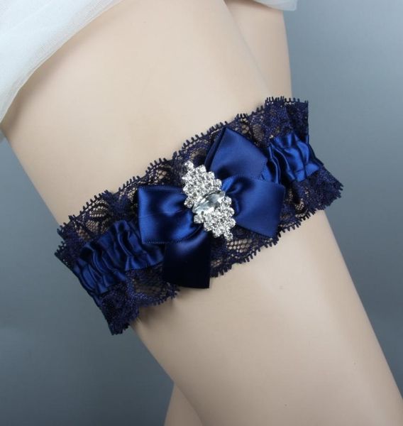 Jarretières de mariage bleu marine pour mariée, ensemble de jarretelles de jambe de mariée, ceinture en dentelle, strass, cristaux, grande taille, nœud fleurs, fait à la main, 1312308