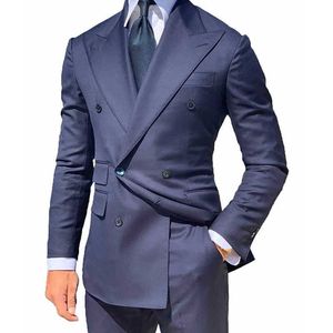 Tuxedos de mariage bleu marine avec double boutonnage 2 pièces Slim Fit Formel Hommes Costumes Custom Business Man Vêtements de mode 2020 X0909