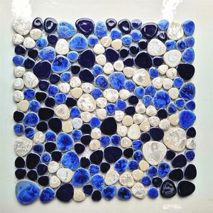 Carrelage de dosseret de cuisine en mosaïque de porcelaine de galets blancs bleu marine PPMTS09 carreaux de mur de salle de bain en céramique272F
