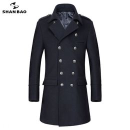 Manteau en laine bleu marine business casual marque vêtements hiver luxe haute qualité épais chaud double rangée bouton manteau slim hommes 211122