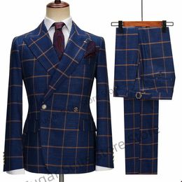 Navy Checked Wedding Men Suits Slim Fit 2 stuks Sets Peaked Rapel Blazers Double Breasted Formal Suit met jas en broek 240514