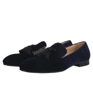 Marinekleuren Fluwelen Mannen Kwastje Jurk Schoenen Italië Rode buitenzool Heren Loafers Classic Slip op Roken Slippers