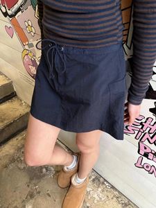 Navy Drawtring Mini Skirts Woman Summer Pocket High Taille A-Line Short Faldas Casual American Vintage Streetwear Y2K Rok 240529