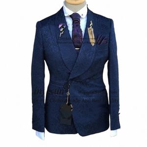 Navy Bloemen Jacquard Bruiloft Pakken Voor Mannen Sjaal Revers Double Breasted Bruidegom Tuxedos Slim Fit 2 Stuks Bruidsjonkers Prom Blazer Set i1G4 #