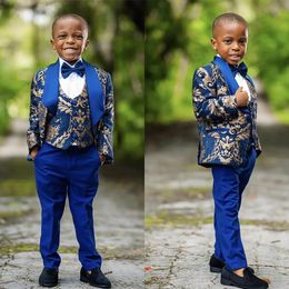 Navy Floral Pattern Boy Suits Smoking Smokings Petit enfants pour une fête de mariage Prom d'anniversaire Porte 3 pièces Pant