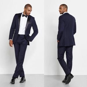 Marine Gentle Groom Mariage Tuxedos Satin Noir Peaked Revers Un Bouton Hommes Designer Vestes Blazer Costumes Formel Bal Personnalisé (Veste + Pantalon)