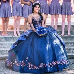 Vestidos De quinceañera De manga larga brillantes azul marino Vestidos De 15 años apliques flores 3D encaje Formal princesa Vestidos De fiesta De cumpleaños