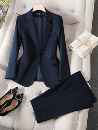 Azul marino gris negro mujer pantalón traje formal oficina señoras trabajo de negocios desgaste chaqueta y pantalón mujer 2 piezas conjunto 231228