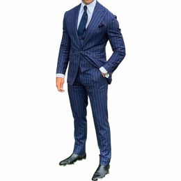 Marine Hommes Costume Sur Mesure 3 Pièces Blazer Gilet Pantalon Tuxedo One Butt Pinstripe Moderne Slim Fit Mariage Marié Bal Sur Mesure h38W #