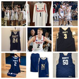 Maillot de basket-ball personnalisé pour hommes des Midshipmen de la marine # 8 Sam Krist # 9 Reiss Whitaker # 10 Jinwoo Kim # 11 Donovan Draper # 12 Grant Hopkins # 14 Cam Cormany # 15 Carnegie Johnson