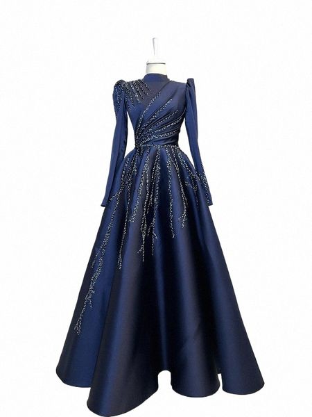 Azul marino satinado con cuentas LG manga Hijab noche musulmana Dres marroquí Caftan cuello alto fiesta formal vestido de fiesta Robe de Soiree a7Vu #