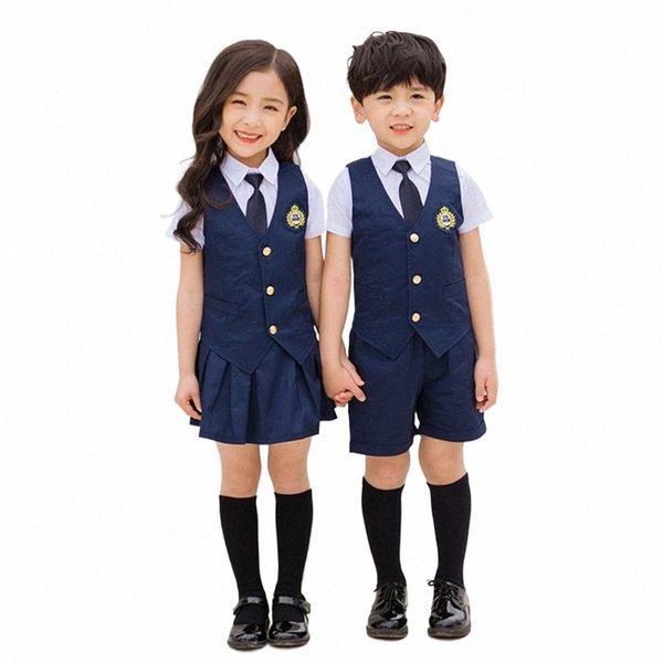 Costumes scolaires marine pour filles enfants été maternelle uniforme scolaire primaire pour garçons gilet chemise shorts 5 pcs ensemble vêtements H95h #