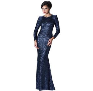 Robe de soirée de paillettes de la Marine Élégante et digne à manches longues sexy slim naine de poisson haut de gamme sur mesure toute petite petite manche ronde 3957205