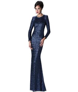 Robe de soirée de paillettes de la Marine Élégante et digne à manches longues sexy mince en queue de poisson Highend sur mesure toute petite petite manche ronde Handma4440135