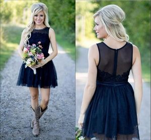 Navy Short Country Bruidsmeisje Jurken Juweel Sheer Neck Hollow Back Applique Kant Kralen Mini Tulle Homecoming Party Prom Avondjurk Jurk