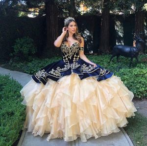 Marine fluwelen en champagne organza quinceanera jurken charro vintage damas borduurwerk ruche bal toga van de schouder corset terug zoete 16 jurk prom slijtage