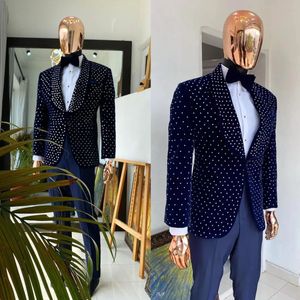 Tuxedos en velours bleu marine pour hommes, ensemble veste et pantalon 2 pièces pour marié de mariage, perles de cristal, revers à pointe, tenues de Blazer d'affaires