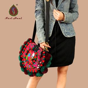 Naxi marque femme sac hiver mode circulaire pompon toile sac Vintage broderie ethnique sac femmes épaule bandoulière sacs 240309