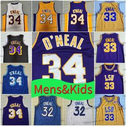 nbas Retro 34 Shaquille ONeal 32 Maillot de basket-ball 33 Shaq Neal Violet Jaune Bleu LSU Tigers College Maillots Throwback Hommes Enfants Cousu