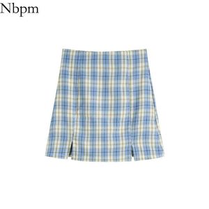 NBPM Femmes Chic Mode avec Plaid Bleu Taille Haute Mini Jupes Élégant Fit Printemps Été Étudiant Mignon Pli 210529