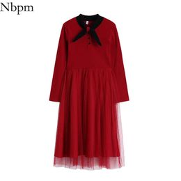 NBPM Femmes Chic Mode avec Robe en maille rouge Vintage Élégant Tulle Design Doux Chic Doux Robes Mujer Taille Haute 210529