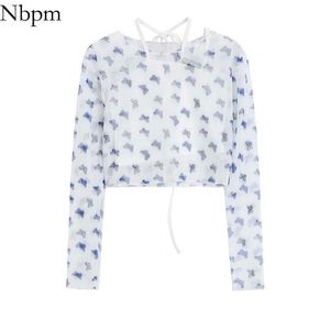 NBPM Dameskleding Wit Paars Tweedelige Pak T-shirts Net Garen Crop Top Bekijk door de Tops Koreaanse Fashion Tee Shirt 210529