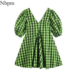 Nbpm vrouwen zoete mode met geel-groene plaid v-hals vrouwen jurk cool meisje bladerdeeg mouw zomer sundresses partij chic 210529