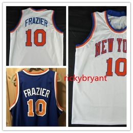 Nc01 maillot de basket-ball collège NY Walt 10 maillot de retour Frazier BLEU BLANC maille cousue broderie taille personnalisée S-5XL