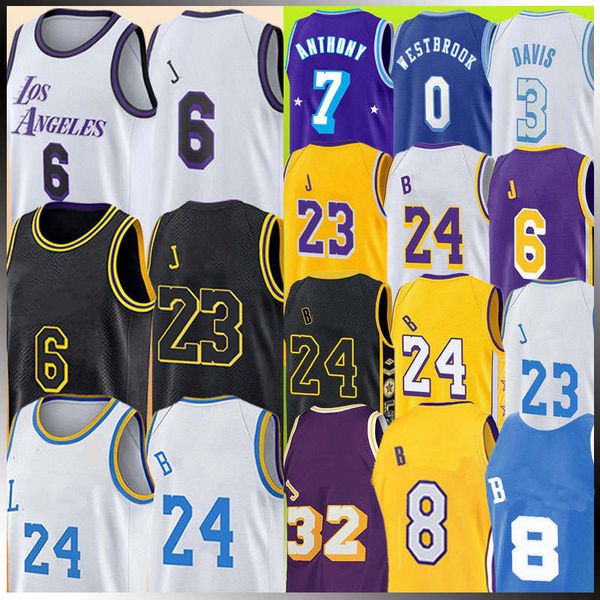 Anthony 3 Davis Russell 0 Westbrook Basketball Maillots 7 Carmelo Retro Olajuwon Mitchell Karl Malone John Stockton Hommes Noir Bleu Violet 2022-2023 Hommes Chemise 34 32 6 23