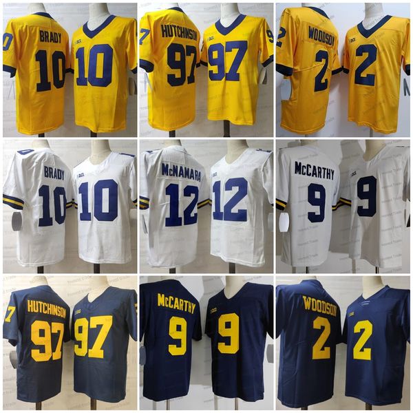 97 Aidan Hutchinson 10 Tom Brady Football Jersey Michigan 4 Jim Harbaugh Desmond Howard Charles Woodson Jabrill Peppers College Maillots Blanc Bleu Marine