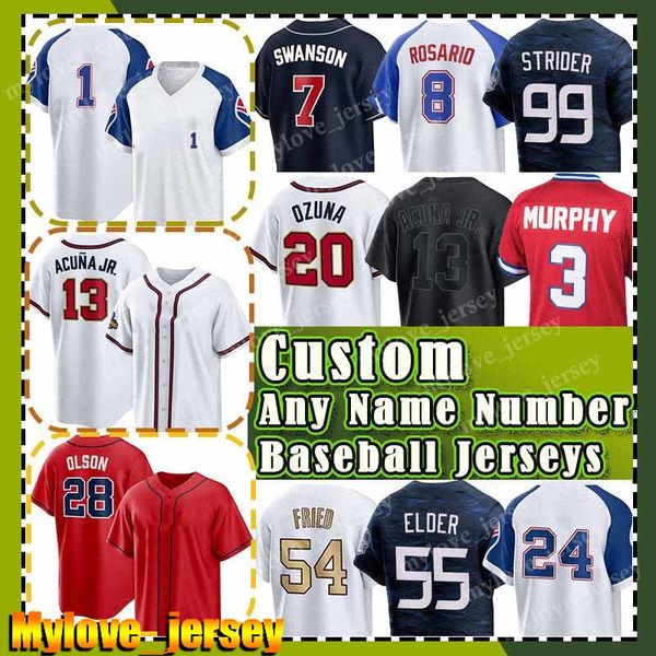 13 Maillots de baseball Ronald Acuna Jr. Matt Olson Ozzie Albies Spencer Strider Bryce Elder Sean Murphy Orlando Arcia Marcell Ozuna Austin Riley Eddie Rosario Max Fried