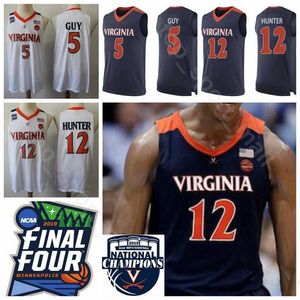 NCAA 2019 Final Four Champions College 12 DE ANDRE HUNTER Maillots Hommes Virginia Cavaliers 5 KYLE GUY Marine Bleu Blanc Uniforme Universitaire