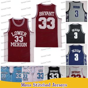 Jersey de basket-ball universitaire Indiana State Sycamores 33 Larry Bird High School Irish Lower Merion Georgetown Hoyas 3 Allen Iverson Vert Blanc Mens Jersey cousu