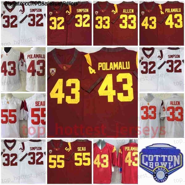 Maillot de football NCAA 43 Troy Polamalu USC Trojans 21 Su'a Cravens 32 O.J Simpson 33 Marcus Allen 42 Ronn