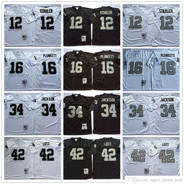 NCAA 75e Football Vintage 34 Bo Jackson Maillots 12 Ken Stabler 16 Jim Plunkett 42 Ronnie Lott Jersey College Noir Argent Blanc