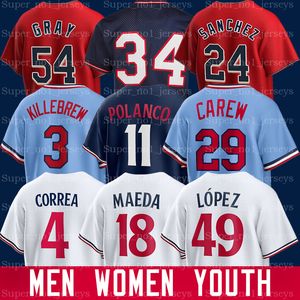 Royce Lewis Maillot de baseball Carlos Correa Byron Buxton Jorge Polanco Pablo Lopez Harmon Killebrew Byron Buxton Trevor Larnach Gilberto Celestino Louie Varland