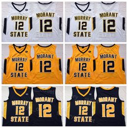 NCAA Basketball College Ja Morant Murray State Racers Jersey 12 Université Bleu Marine Jaune Blanc Couleur de l'équipe Respirant pour les fans de sport Pur coton de haute qualité