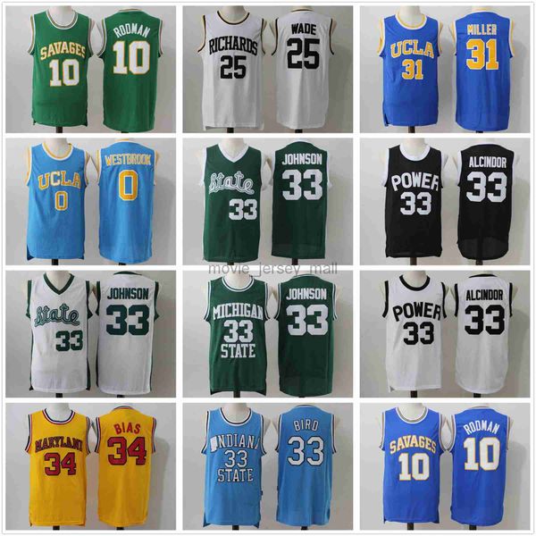 Camisetas de baloncesto de la NCAA College Alcindor 33 Bird 34 Bias Johnson 25 Wade Camisetas de la escuela secundaria Rodman 10 UCLA Miller 31 Westbrook Jersey