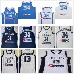 NCAA College Basketball Jerseys Grèce Hellas Giannis # 34 Équipe nationale Bleu Blanc # 13 Antetokounmpo Ed Jersey Chemises S-